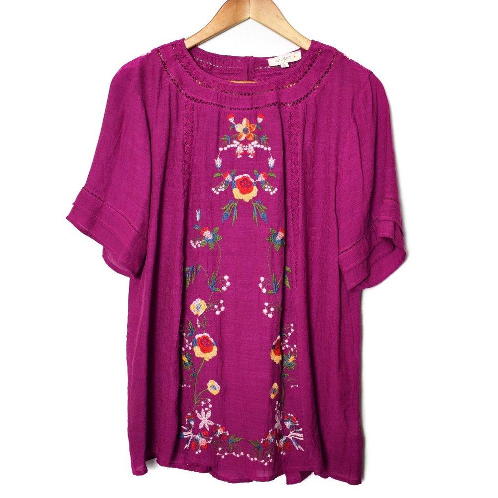 Umgee Floral Embroidered Boho Peasant Top Size XL